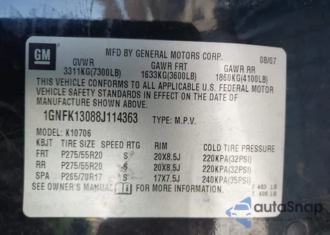 2008 Chevrolet Tahoe Ltz from USA, damaged, VIN 1GNFK13088J114363